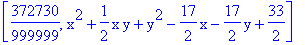 [372730/999999, x^2+1/2*x*y+y^2-17/2*x-17/2*y+33/2]